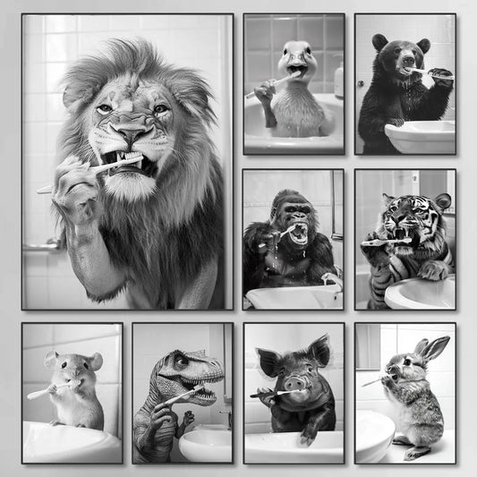 Funny Bathroom Animals Vintage Black White Canvas Wall Art