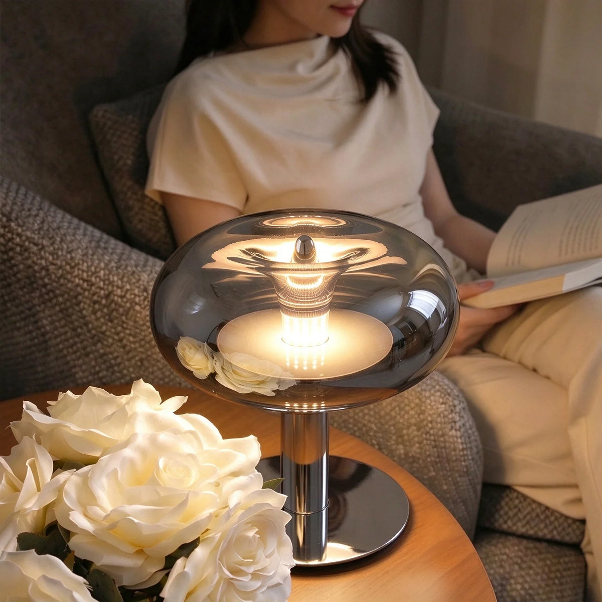 Close-up of sculptural jellyfish lampshade on Italian touch table lamp