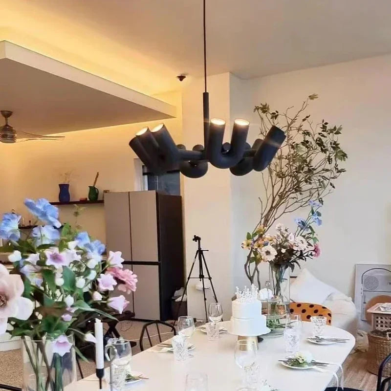 Sixteen light U shaped chandelier in black iron, 90 to 260V