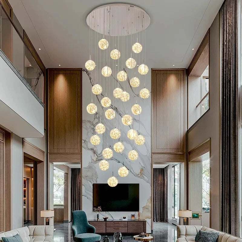 Chrome staircase chandelier at 31.5 in diameter with 60 heads