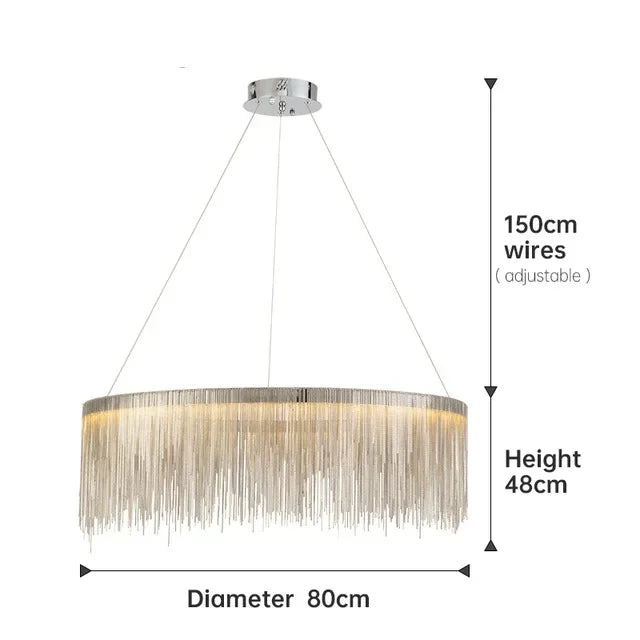 Gold linear chain chandelier, 59.1 inches long, over a dining table