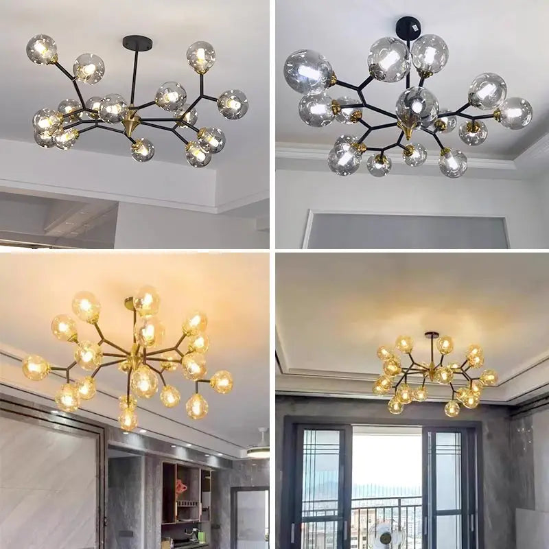 Ten light smoke grey glass ball chandelier on an iron frame
