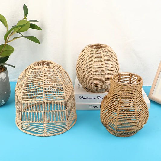 Hand woven wicker chandelier shade in natural beige paper rope