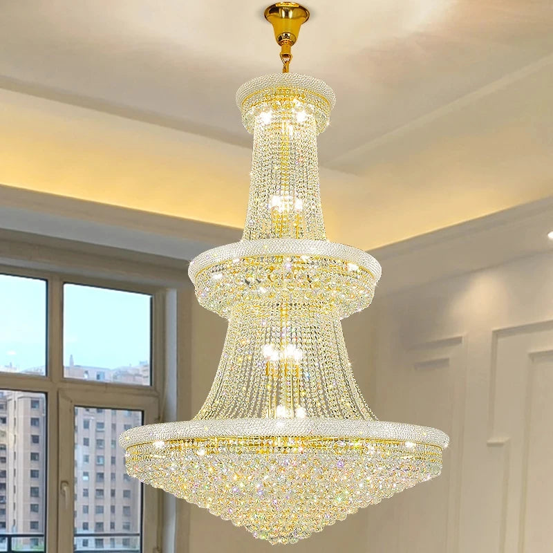 Four layer crystal chandelier at 59.1 in diameter and 86.6 in height