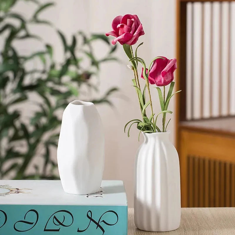 Close-up of white ceramic mini vase matte finish texture