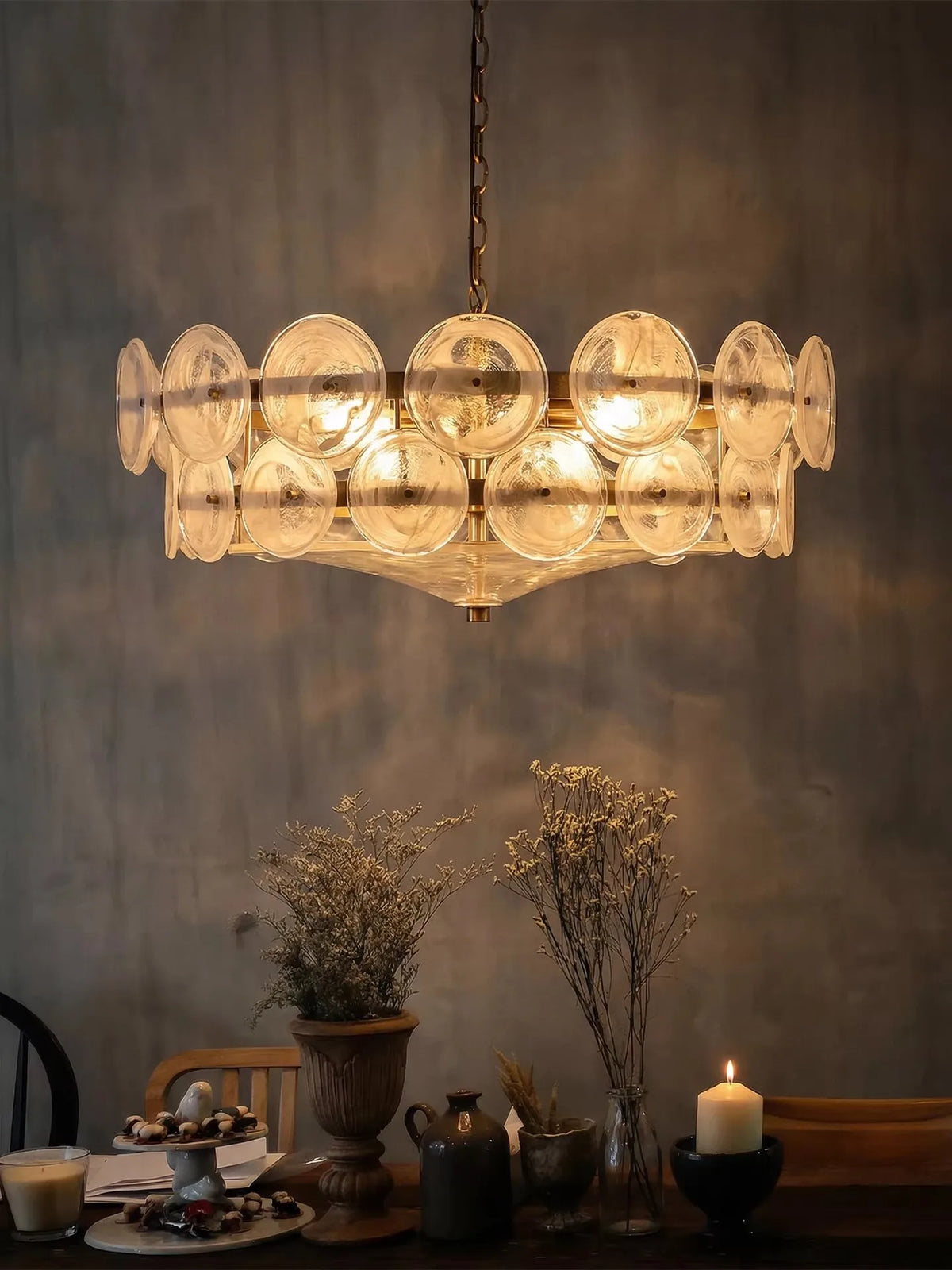 French retro glass chandelier with white handmade shades on iron