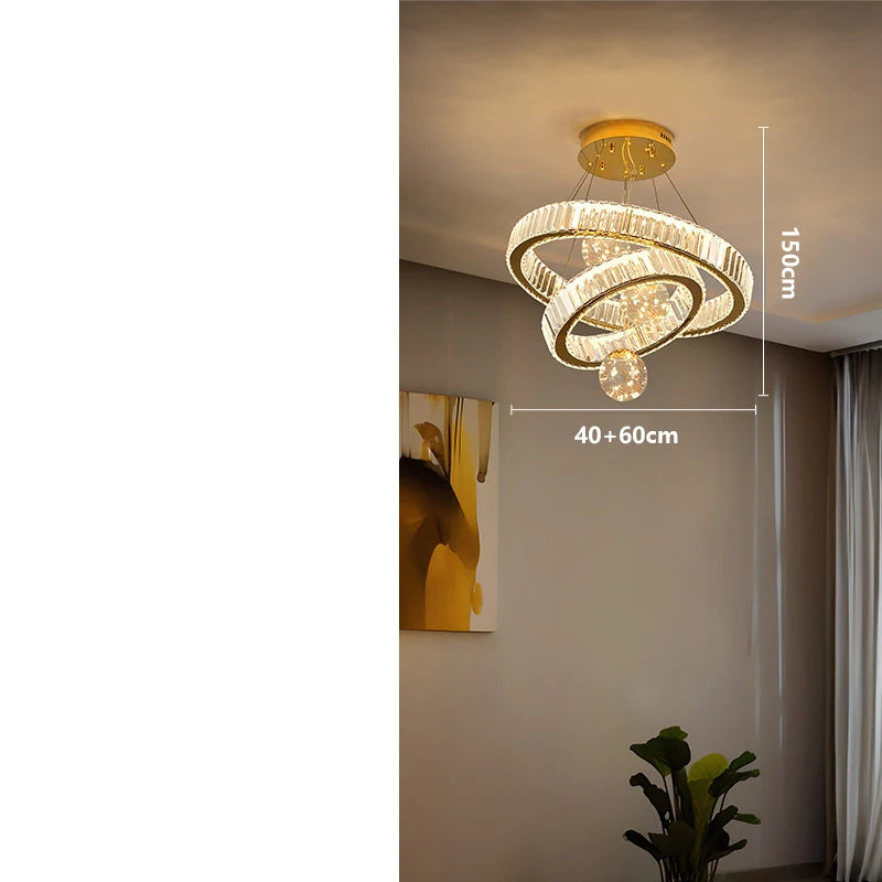 Eight ring crystal chandelier with ten glass balls on a steel frame