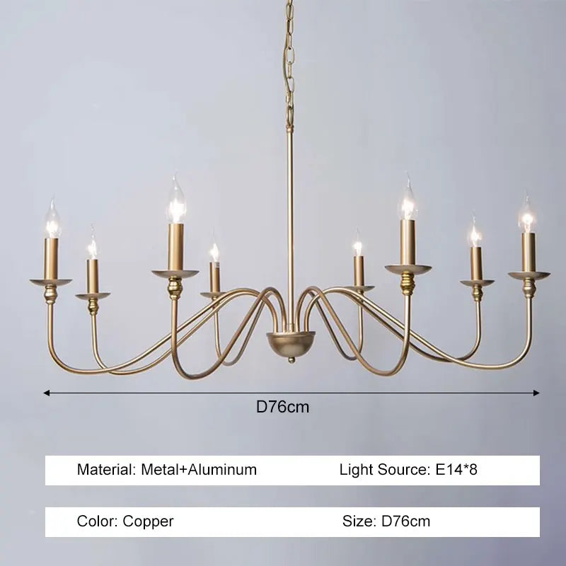 Six light gold chandelier with spare industrial geometry and metal arms
