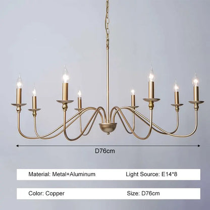 Six light gold chandelier with spare industrial geometry and metal arms