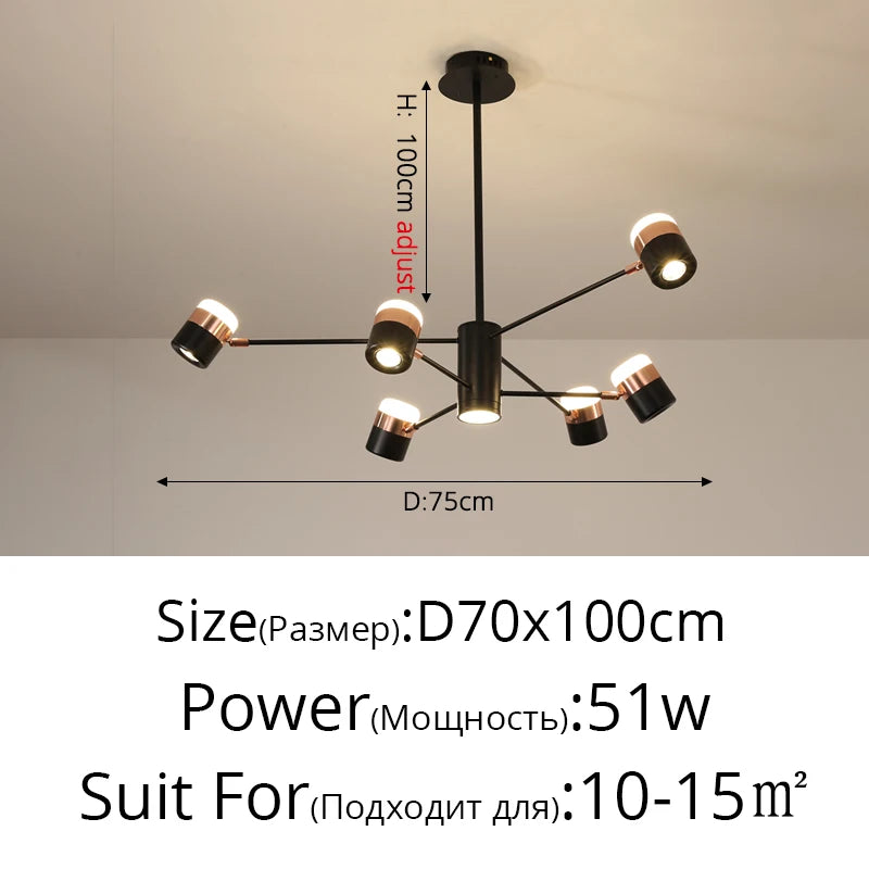 Rotatable spotlight chandelier with four heads on a 35.4 in arm