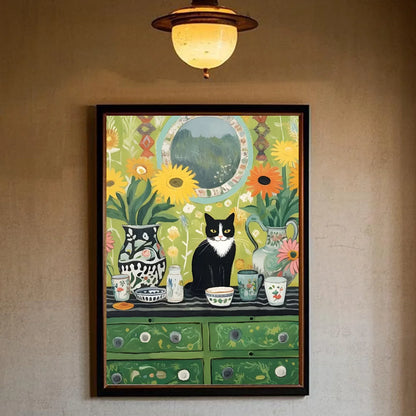 Green Aesthetic Cat Canvas Wall Art