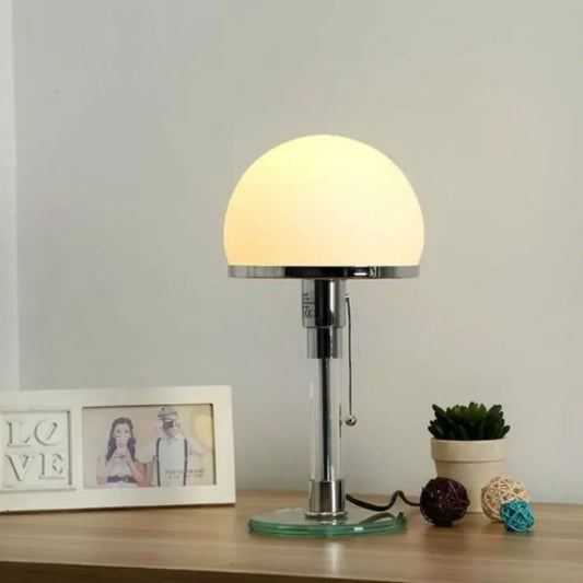 Danish Bauhaus white glass table lamp warm diffused glow bedroom