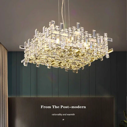 Clear crystal strands suspended from a polished steel chandelier housing