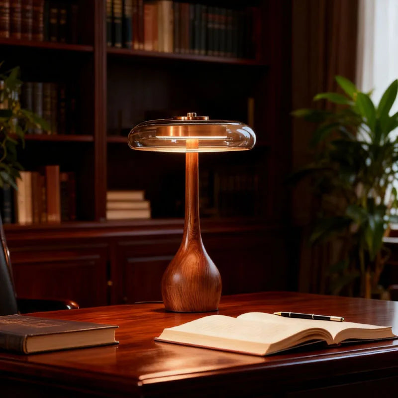 Nordic wood base of copper glass lamp natural grain texture detail