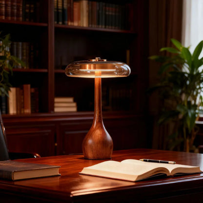 Nordic wood base of copper glass lamp natural grain texture detail