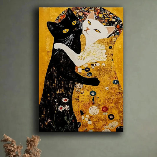 Klimt Kiss Cat Parody Abstract Canvas Wall Art