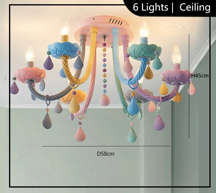 Macaron glass chandelier shown lit in warm white E14 LED light