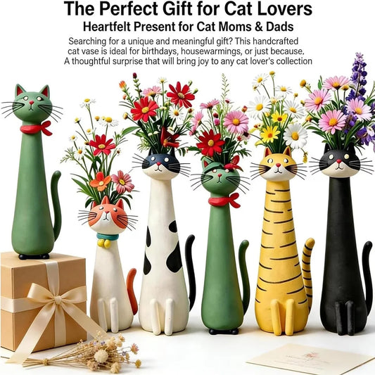 Quirky cat flower vase in bohemian vintage style multiple colors