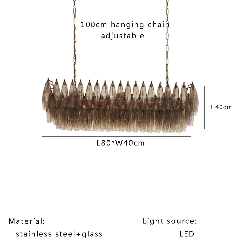 Amber glass chandelier shade detail showing the clear glass wall thickness