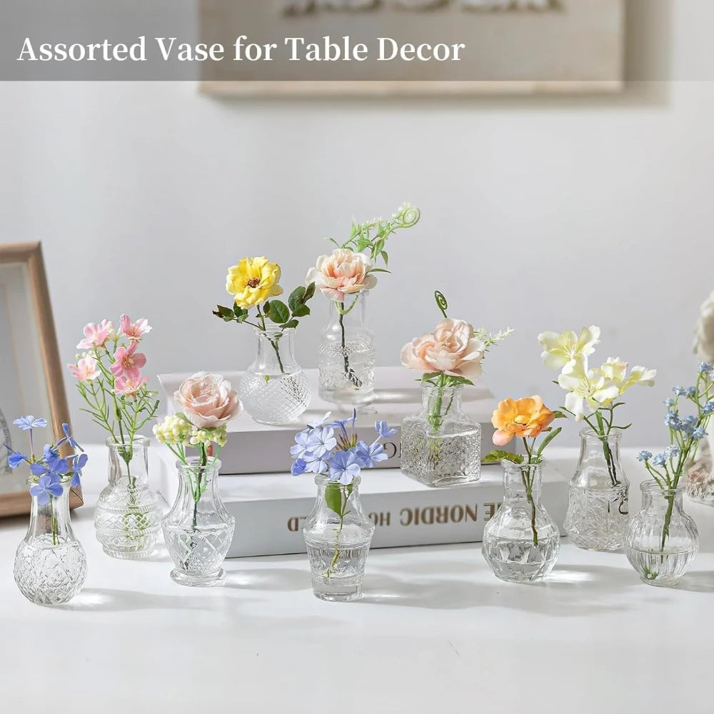 Green relief glass mini vase set of 10 on rustic wooden tray display