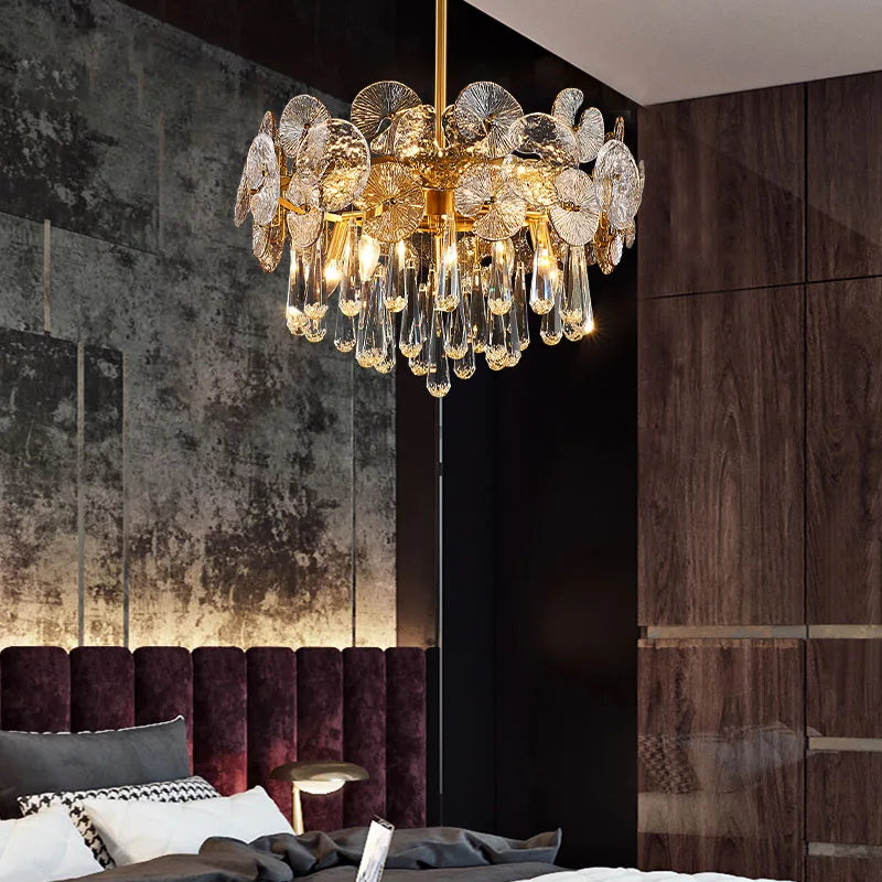 Lotus form crystal chandelier with E14 base bulbs, wired for 90 to 260V