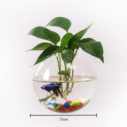 Side view of glass globe wall vase showing full spherical form and stem