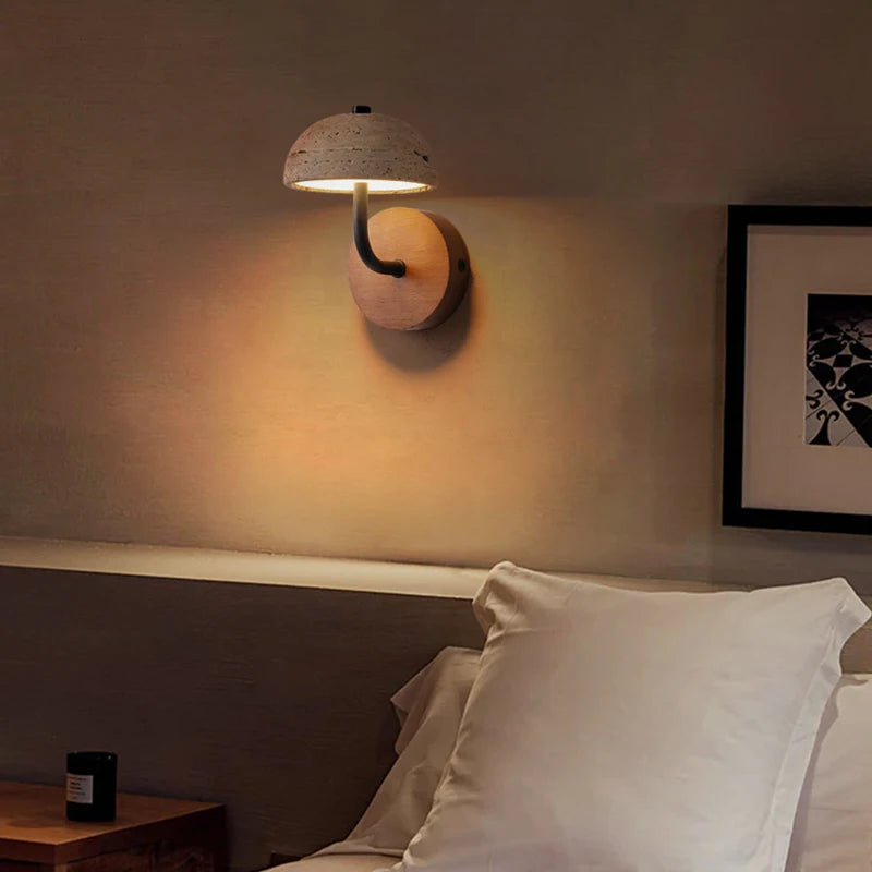 travertine stone bathroom wall sconce, close-up of shade and hardware detail