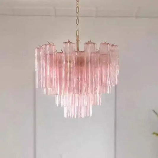 French tiered glass chandelier with stained glass shades on a steel frame