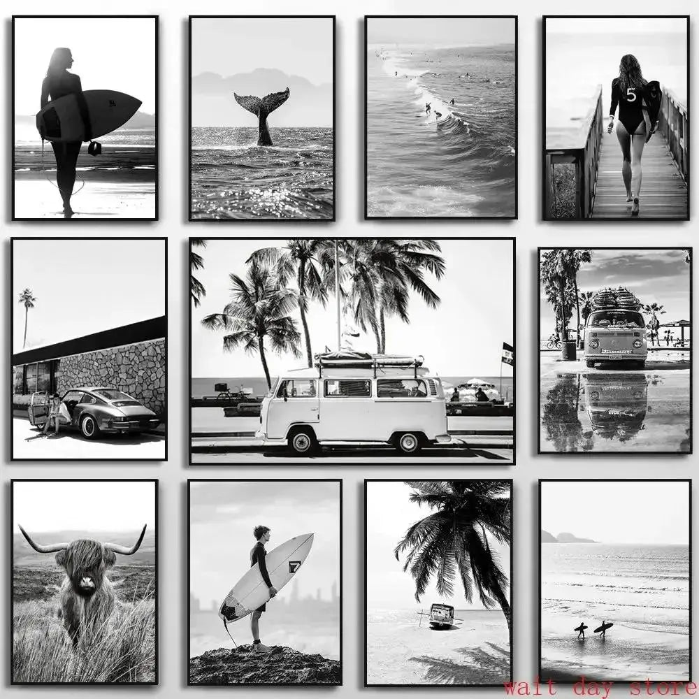 Beach Camper Van Surf Ocean Landscape Canvas Wall Art