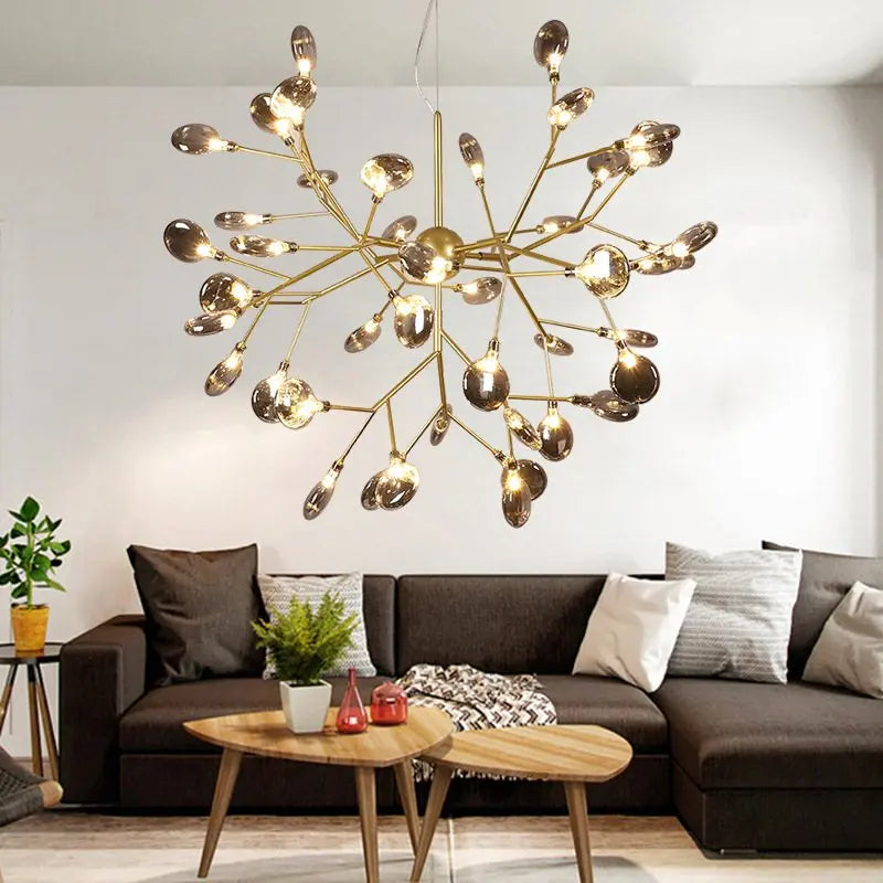 Polished chrome branch chandelier with 54 lights on a wide canopy