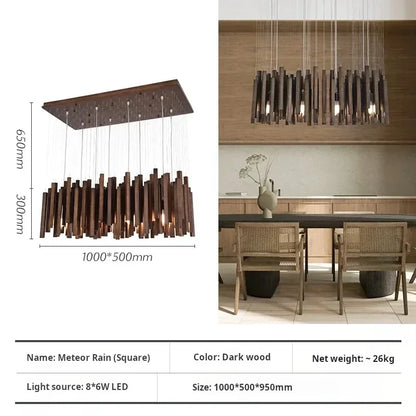 Solid wood chandelier lit in neutral 4000K light on timber arms