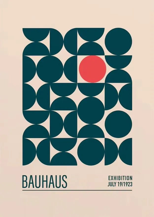 Bauhaus print shown with optional frame styles on white exhibition background
