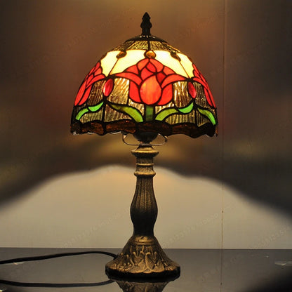 20cm Tiffany tulip stained glass table lamp illuminated warm light overhead