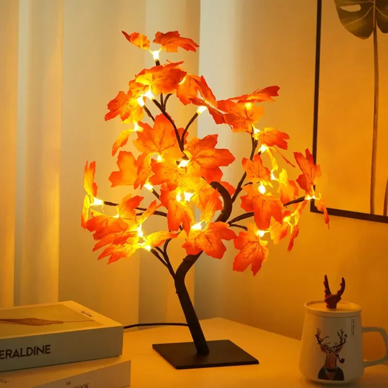 24 LED fairy maple leaf tree night light USB powered warm glow front view