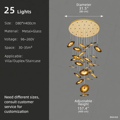Blown glass spiral chandelier with white 6000K light setting