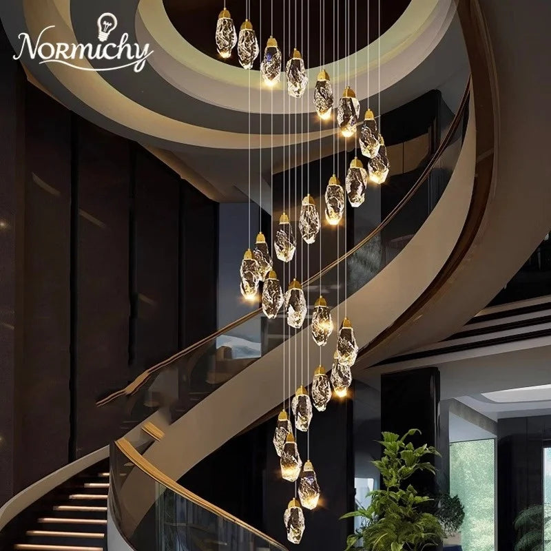 Spiral crystal stair chandelier with crystal strands on an iron chassis