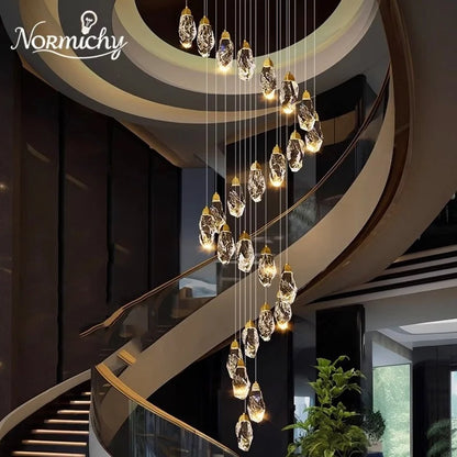 Spiral crystal stair chandelier with crystal strands on an iron chassis