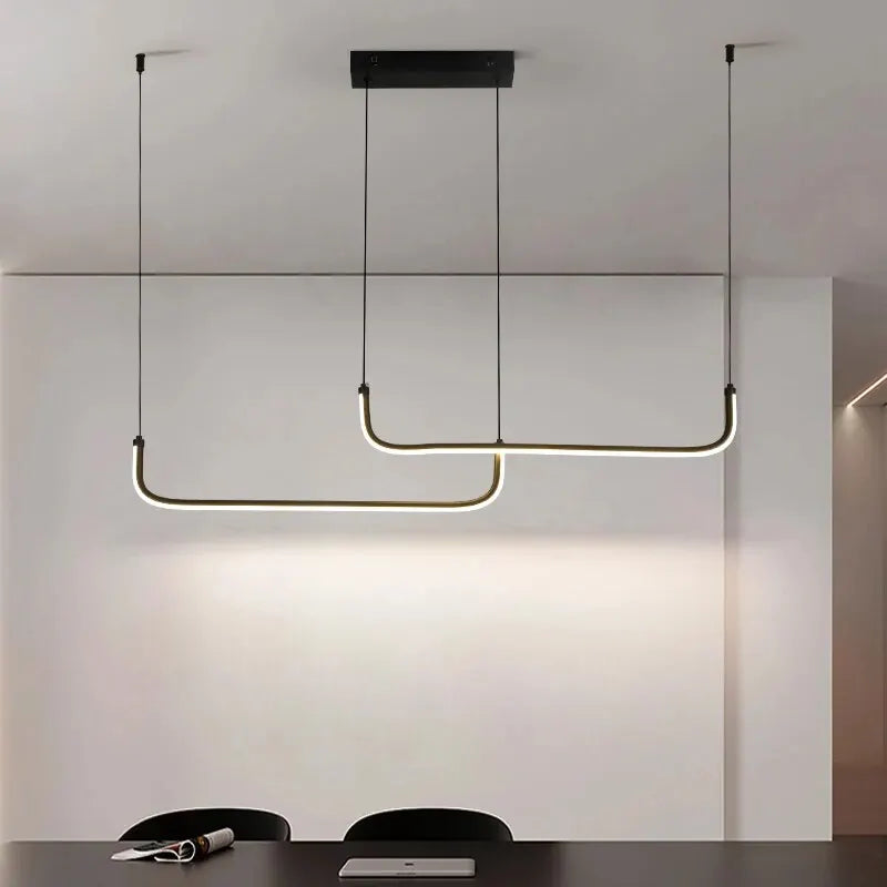 Dimmable black bar chandelier set to warm white light output