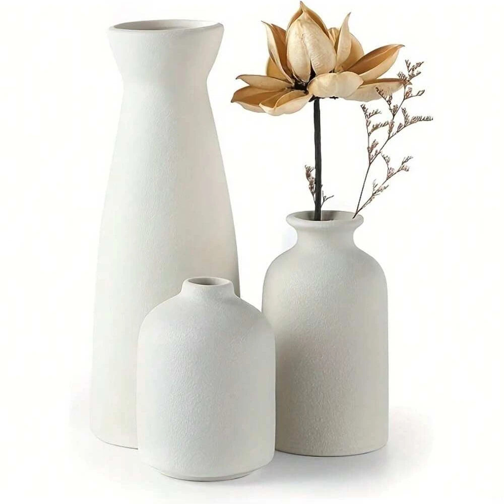 Side profile showing three varied shapes in bohemian ceramic vase set