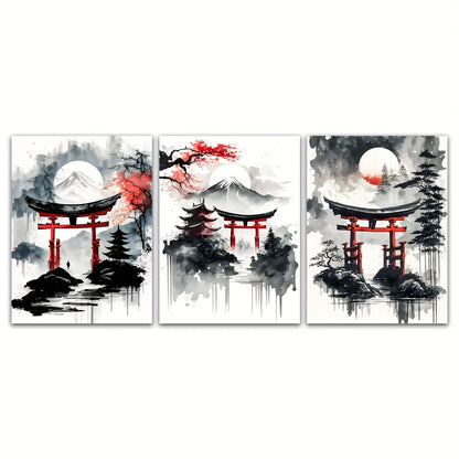 Japanese Ink Landscape 3-Piece Canvas Wall Art Set