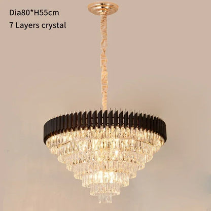 Cool white 6000K crystal chandelier on a black polished steel plate
