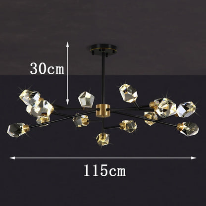 Clear faceted crystal drops hanging from the chandelier plated metal rail