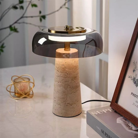 Wabi sabi travertine mushroom lamp 3-colour light living room view