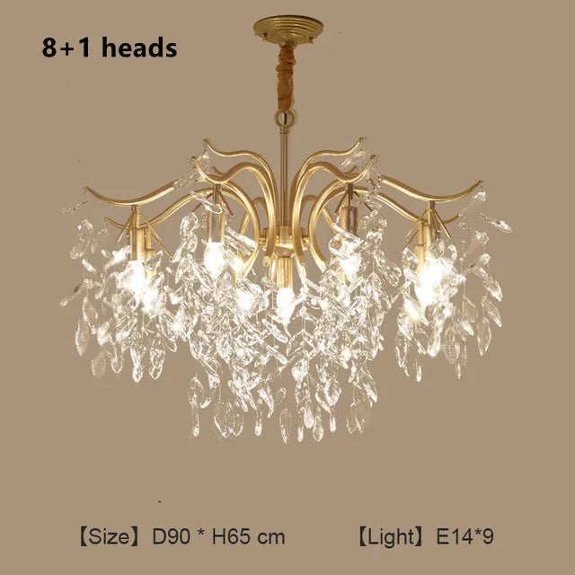 Gold crystal chandelier with nine arms and trichromatic dimming