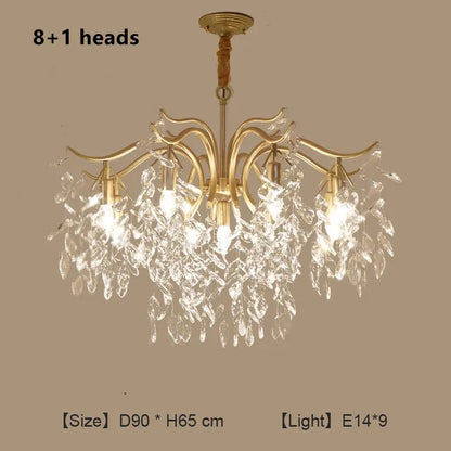 Gold crystal chandelier with nine arms and trichromatic dimming