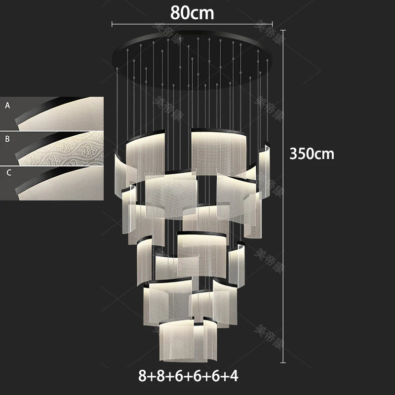 Cold white light across the acrylic heads of a stair chandelier