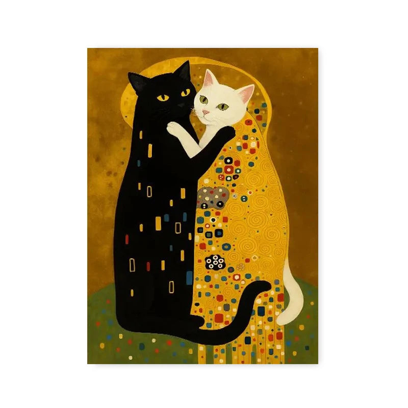 Klimt Kiss Cat Parody Abstract Canvas Wall Art