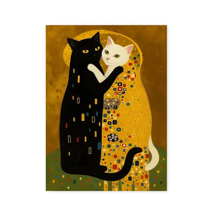 Klimt Kiss Cat Parody Abstract Canvas Wall Art
