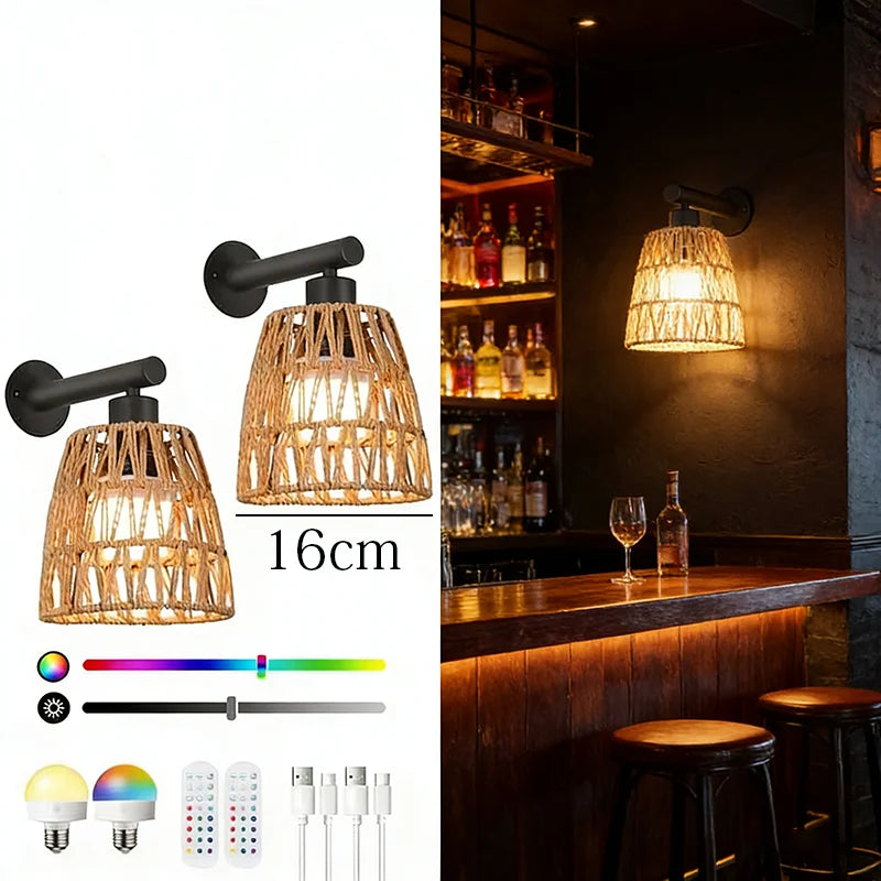 Boho Rechargeable Rattan Plug-In Wall Sconce