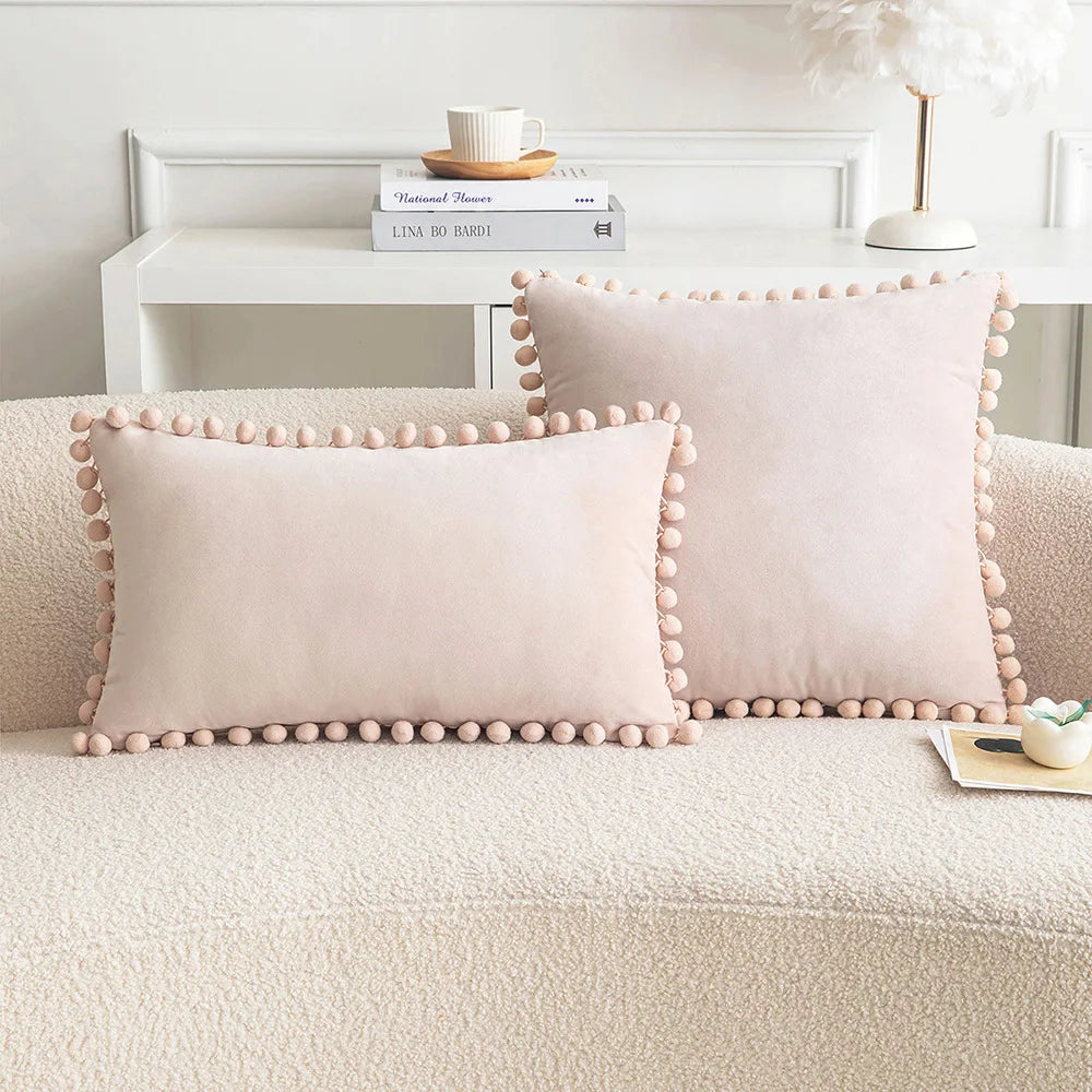 Velvet Pom-Pom Throw Pillow Cover